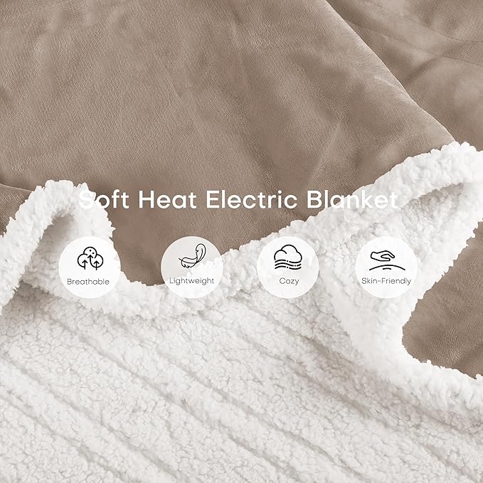 Electric Heated Blanket Full Size 72"x84" - Dual-Sided with Microplush & Sherpa Fabric, 4 Heat Settings & 10 Hours Auto Off, Machine Washable - Light Brown