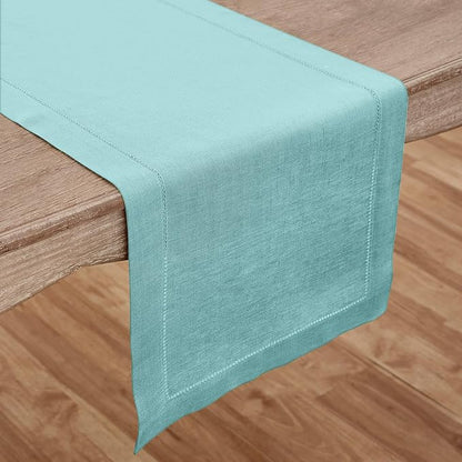Solino Home Linen Aqua Blue Table Runner 156 Inches Long - 100% Pure Linen Extra Long Table Runner 14 x 156 Inch - Classic Hemstitch