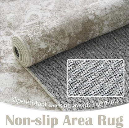 jinchan Washable Area Rug 8x10 for Living Room - Soft Faux Wool Ultra-Thin Stain Resistant Non-Slip Distressed Vintage Floral Large Carpet for Bedroom, Dining Room, Home Office, Nursery(Brown, 8'x10')