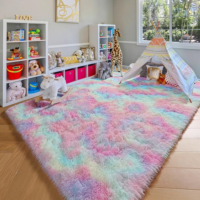 ONASAR Rainbow Area Rugs for Living Room Girls Bedroom, 5x8 Fluffy Rug, Washable Indoor Ultra Soft Plush Shaggy Large Floor Carpets for Nursery Kids Baby Girl Teen Dorm Playroom Home Decor Aesthetic