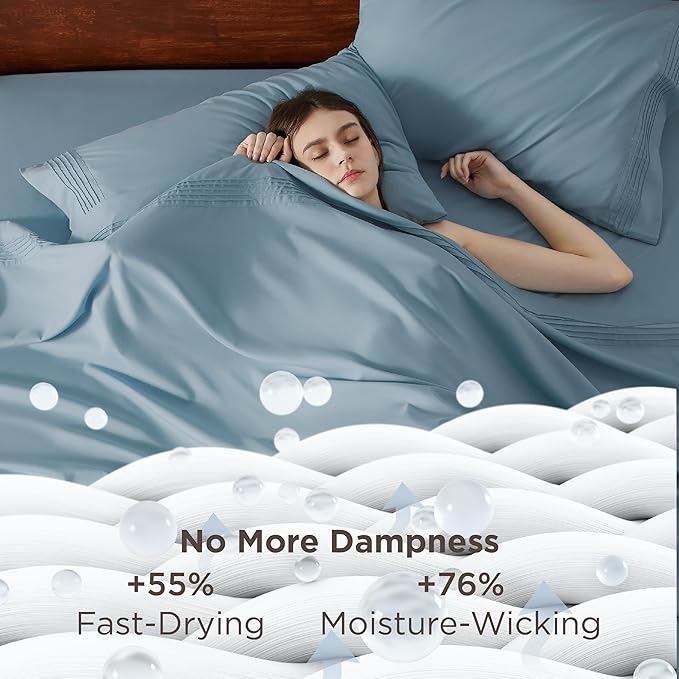 Bedsure Deep Pocket Queen Sheets Set - Fits Mattresses Up to 21 Inches Thick - 4 Piece GentleSoft Bed Sheets, Moisture Wicking, Soft & Cooling Bedsheet & Pillowcases, Easy & Secure Fit, Mineral Blue