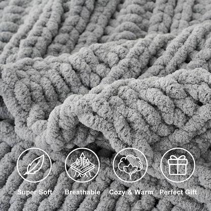 Battilo Light Grey Chunky Knit Throw Blanket for Couch, Thick Warm Cozy Soft Chenille Throw Blanket, Handmade Cable Knit Blanket for Sofa,Bed, Living Room, 50"x60"