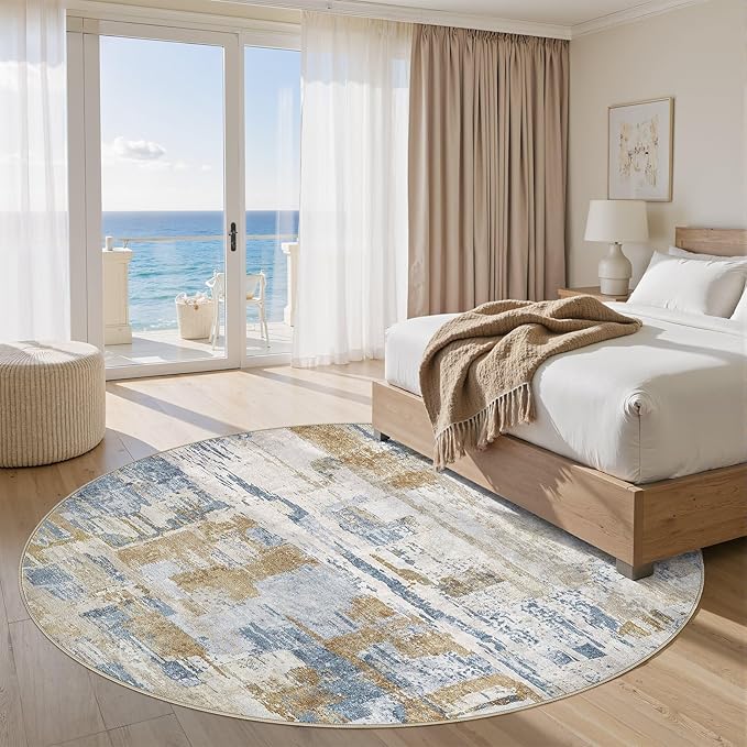 Abstract Living Room Rug 9x9 - Modern Washable Soft Thin Area Rug for Living Room Bedroom Under Dining Table - Neutral Indoor Floor Rug Carpets for Home Office Playroom Nursery - Blue Gold