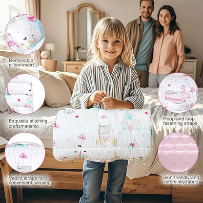 david's kids Toddler Nap Mat with Removable Pillow and Minky Fleece Blanket, Ultra Soft Slumber Bags for Girls, Perfect for Preschool, Daycare, Kids Sleeping Bags with Rollup Design, 50"x20", Princess