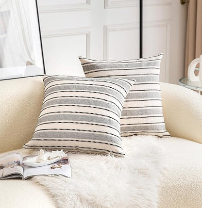 Decorative Boho Throw Pillow Covers, Farmhouse Textured Pillow Case, 18 x 18 Inch Set of 2, Chair Sofa Bedroom Living Room Home Decor Couch Cushion Case, Black and Beige Striped
