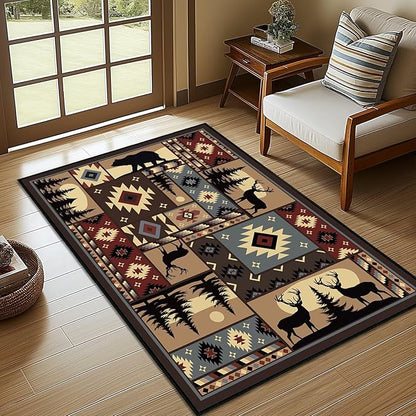 Rustic Rug for Bedroom,Cabin Wildlife Area Rug 3x5 Throw Carpet,Buffalo Plaid Bear Moose Deer Country,Ultra-Thin Washable Kitchen Rugs Indoor Entryway Rug Non Slip Floor Carpets for Living Room,Office