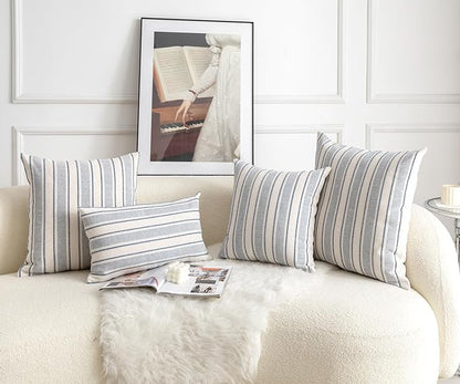 Decorative Boho Throw Pillow Covers, Farmhouse Textured Pillow Case, 20 x 20 Inch Set of 2, Chair Sofa Bedroom Living Room Home Decor Couch Cushion Case, Classic Blue and Beige Striped