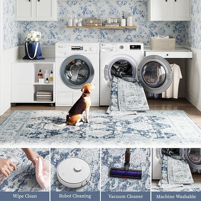 jinchan Fiora 6x9 Area Rug for Living Room Washable Soft Throw Rug Ultra-Thin Stain Resistant Non-Slip Distressed Vintage Floral Large Carpet for Bedroom, Home Office, Nursery(6x9ft, Dark Blue)