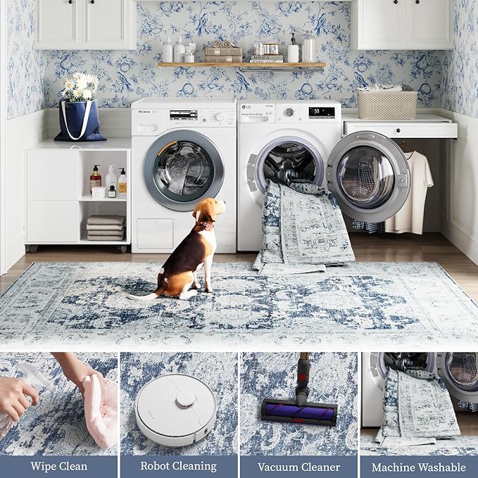 jinchan Fiora Washable Area Rug 8x10 for Living Room Soft Faux Wool Ultra-Thin Stain Resistant Non-Slip Distressed Vintage Floral Large Carpet for Bedroom, Home Office, Nursery(Dark Blue, 8'x10')