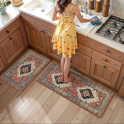 KIMODE Anti Fatigue Kitchen Mats, Boho Distressed Kitchen Rugs 20"x47"+20"x32", Non-Slip Waterproof Kitchen Floor Mats, Comfort Mats for Kitchen Floor, Sink, Laundry, Office, Desk Red