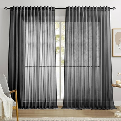 Dreaming Casa Black Sheer Curtains 96 Inches Long, Rod Pocket & Back Tab Light Filtering Textured Sheers for Living Room Bedroom, 2 Panels, Each 100" W x 96" L
