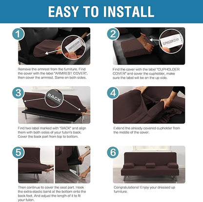 H.VERSAILTEX 4 Pieces Stretch Futon Covers Sofa Bed Slipcover with Removable Armrests and Cupholders Covers Furniture Protector High Spandex Small Checks Jacquard Fabric, Chocolate