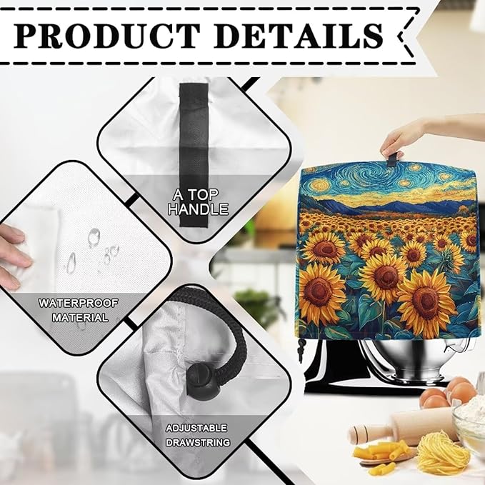 Kitchen Aid Stand Mixer Cover Dust Cover with 2 Pocket and Handle, Sunflower Pattern, Polyester, Multicolor, 17.1in*10.8in*14.7in