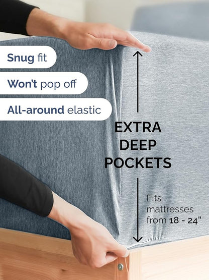 Extra Deep King Fitted Sheet - Hotel Luxury Single Fitted Sheet Only - Easily Fits 18 inch to 24 inch Mattress - Ultra Soft, Wrinkle Free with Extra Deep Pockets - Breathable & Comfy - Heathered Blue