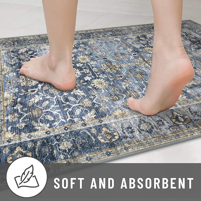 KUTA Vintage Floral 9x12 Area Rug, Blue Grey Beige Large Washable Rugs for Living Room Non Slip, Ultra Thin Soft Print Distressed Flower Low-Pile Traditional Carpet for Bedroom Dining Room Dorm Office