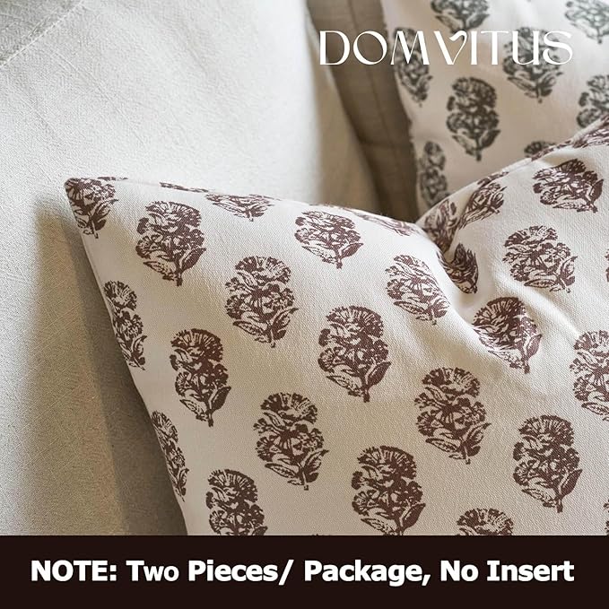DOMVITUS Set of 2 Floral Pillow Covers 24x24, Block Print Pillow Covers Vintage Neutral Decorative Farmhouse Throw Pillow Covers for Couch Bed Living Room Brown