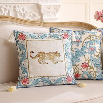 patdrea Designer Throw Pillow Covers for Couch 18"x18",Vintage French Linen Pillows Cover with Cheetah Pattern and White Pendant,Farmhouse Decorative Square Pillowcases for Bed Living Room Outdoor