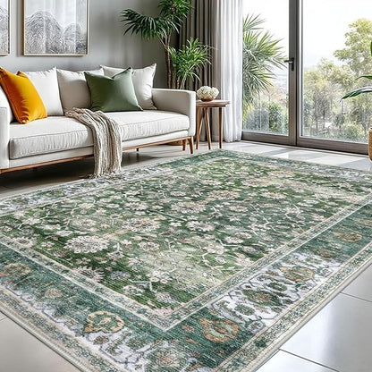 KUTA Vintage 8x10 Area Rugs for Living Room, Green Washable Large Rug for Bedroom 8ft x 10ft Non-Slip, Ultra Thin Soft Printed Traditional Floral Medallion Distressed Dining Room Low-Pile Carpet