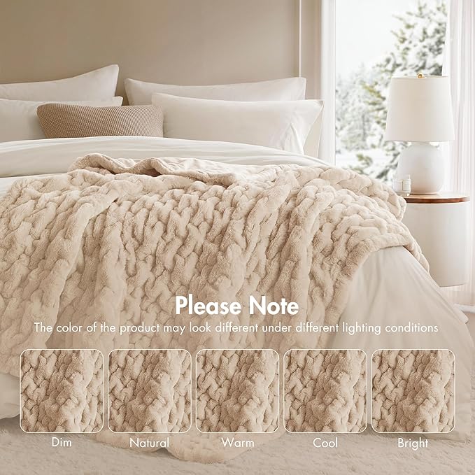 Madison Park Ruched Luxury Throw Premium Soft Cozy Brushed Long Faux Fur for Bed, Couch or Sofa, 50"x60", Tan