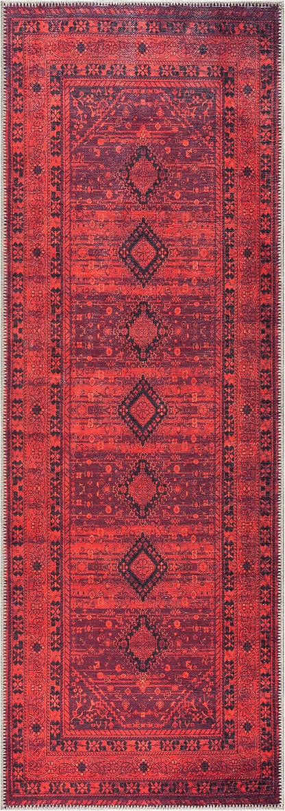 Bloom Rugs Washable Non-Slip 12 ft Runner - Red Traditional Bordered Runner for Entryway, Hallway, Bathroom, and Kitchen - Exact Size: 2.5' x 12'