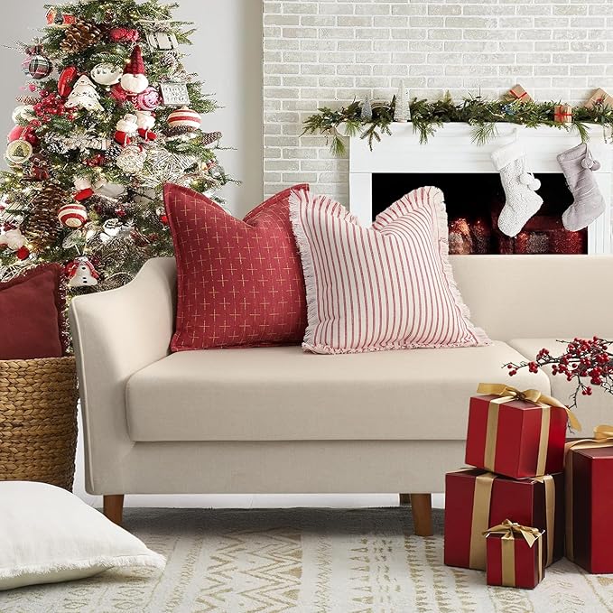 ZWJD Throw Christmas Pillow Covers 24x24 Set of 2 Striped Pillow Covers with Fringe Chic Cotton Decorative Pillows Square Cushion Covers for Sofa Couch Bed Living Room Farmhouse Decor