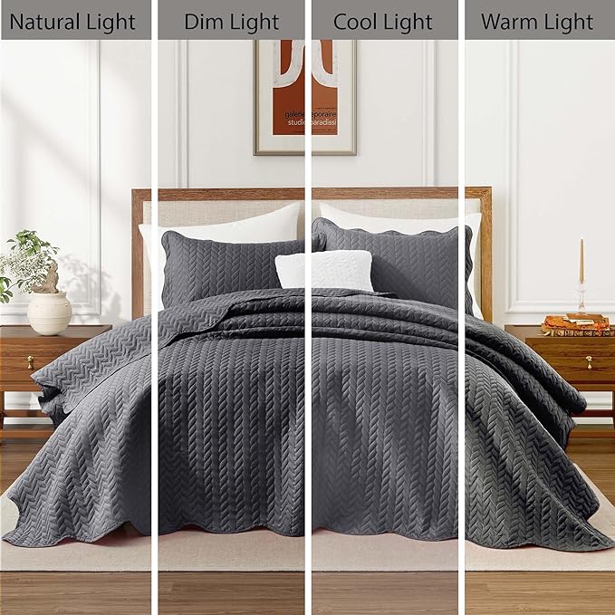 IR Imperial Rooms King Quilt Bedding Set Size (106" x 96") + 2 Pillow Shams (20" x 36"+ 2") - 3 Pcs All Season Lightweight Reversible Microfiber Coverlet Embossed Quilt Bedspread (Charcoal)