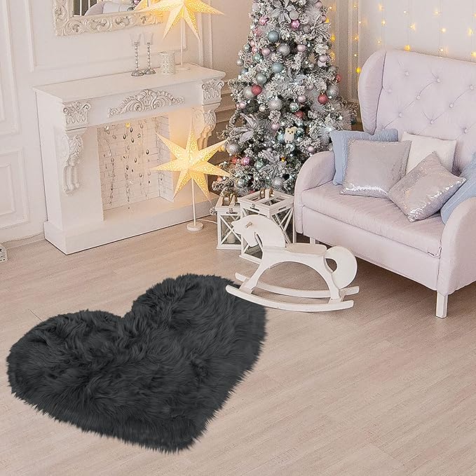 uxcell Heart Shaped Rugs for Bedroom,Small Aesthetic Carpet Girls,Cute Shaggy Floor Mirror Mat,Pastel Furry Throw Rug 2.3ftx3ft, Dark Gray