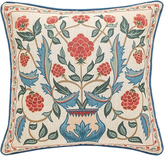 patdrea Designer Throw Pillow Covers,Square Brilliant Vintage Red Tropical Linen with Floral Pattern Pillow Cover,Decorative Pillowcases Cushion for Bed Living Room Outdoor Car,18"x18"
