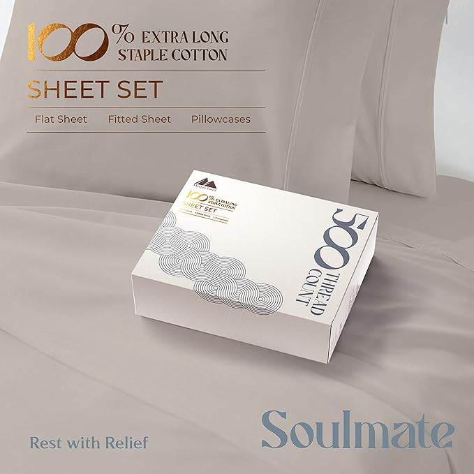 Mayfair Linen 500 Thread Count Twin XL Cotton Sheets - 3 PC Twin XL Size Bed Sheet Set Cotton (Taupe), Soft, Cooling, Sateen Hotel-Quality 16" Deep Pocket Bedsheet for Hot Sleepers (Fits 18" Mattress)