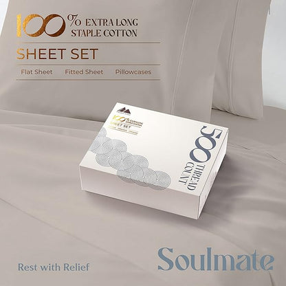 Mayfair Linen 500 Thread Count Twin XL Cotton Sheets - 3 PC Twin XL Size Bed Sheet Set Cotton (Taupe), Soft, Cooling, Sateen Hotel-Quality 16" Deep Pocket Bedsheet for Hot Sleepers (Fits 18" Mattress)