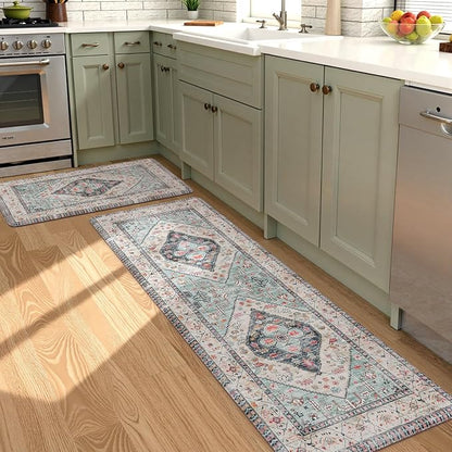 KIMODE Anti Fatigue Kitchen Mats, Boho Distressed Kitchen Rugs 20"x59"+20"x32", Non Slip Waterproof Kitchen Floor Mats, Comfort Foam Mats for Kitchen Floor Sink Laundry Office Desk Blue