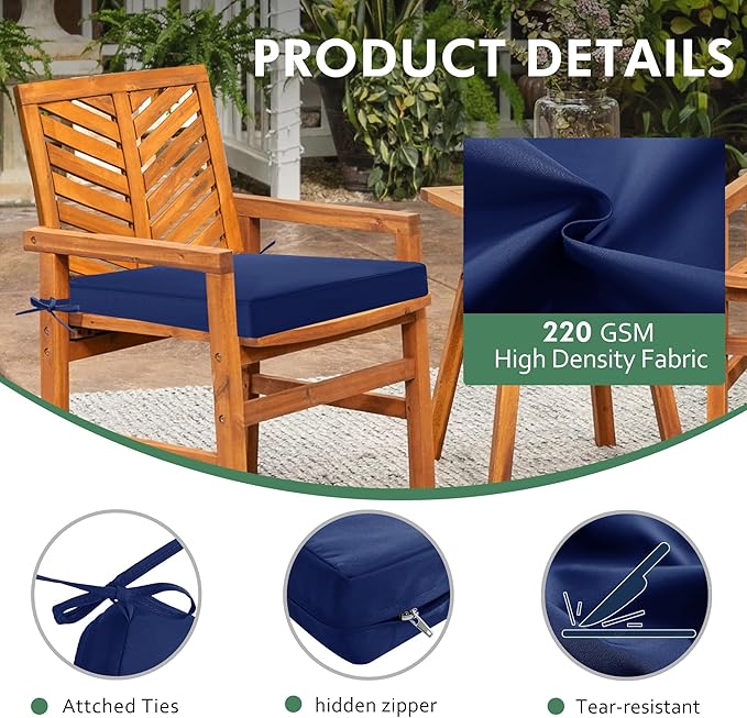 Outdoor Chair Cushions Set of 2: Waterproof & Color Fastness Seat Cushion for Patio Furniture - 22 x 22 x 3 Inch Chair Pads with Ties and Hidden Zipper - Patio Chair Cushion Replacement, Navy