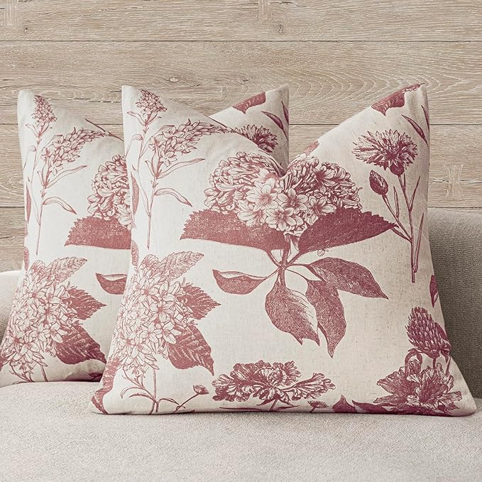 Foindtower Set of 2 Linen Floral Vintage Throw Pillow Covers Neutral Accent Decorative Cushion Covers Farmhouse Boho Home Decor for Sofa Chair Couch Bedroom Living Room,20×20 Inch,Dark Pink