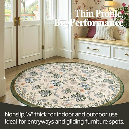 jinchan Elora 5ft Floral Round Rug for Entryway Washable Rug Vintage Romance Christmas Design Non Slip Indoor Doormat Lightweight Low-Profile Throw Carpet for Living Room Dining Room, Green/Beige