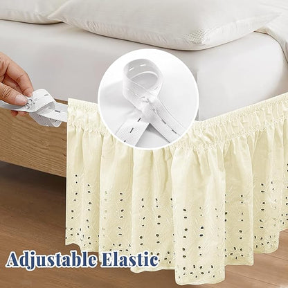 King Bed Skirt, Wrap-Around Elastic Ruffled Eyelet Bed Skirt King Size Dust Ruffle with Gathered Styling and Embroidered Details, 14" Drop Length (Light Yellow)