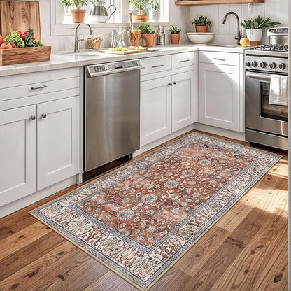 KUTA 3x5 Rugs for Entryway, Vintage Floral Area Rug Washable Non-Slip Terracotta Ultra Thin Soft Printed Distressed Entry Low-Pile Throw Carpet for Bedroom Nursery Living Room