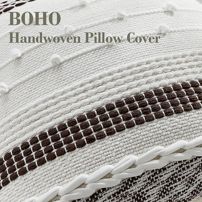 Boho Pillow Cover 18x18 Chocolate Brown - Handmade Woven Textured Throw Pillow Case with Cordings & Tassels, Decorative Accent for Couch Sofa Farmhouse Living Room Home Decor