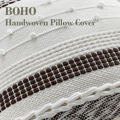 Boho Pillow Cover 18x18 Chocolate Brown - Handmade Woven Textured Throw Pillow Case with Cordings & Tassels, Decorative Accent for Couch Sofa Farmhouse Living Room Home Decor