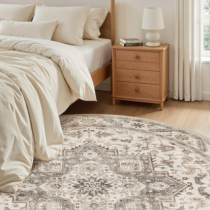 5ft Round Vintage Living Room Area Rug - 5x5 Large Soft Washable Oriental Traditional Distressed Farmhouse Rugs for Bedroom - Indoor Floor Accent Carpet for Home Office House Decor - Light Brown