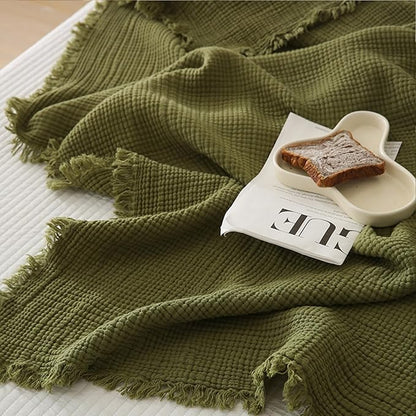 MorroMorn 100% Cotton Muslin Blanket with Fringes Twin Size 60"x80", 4-Layer Gauze Blankets for Adults, Boho Bedding Breathable Lightweight Ultra-Soft for Couch Bed All Seasons, Olive Green