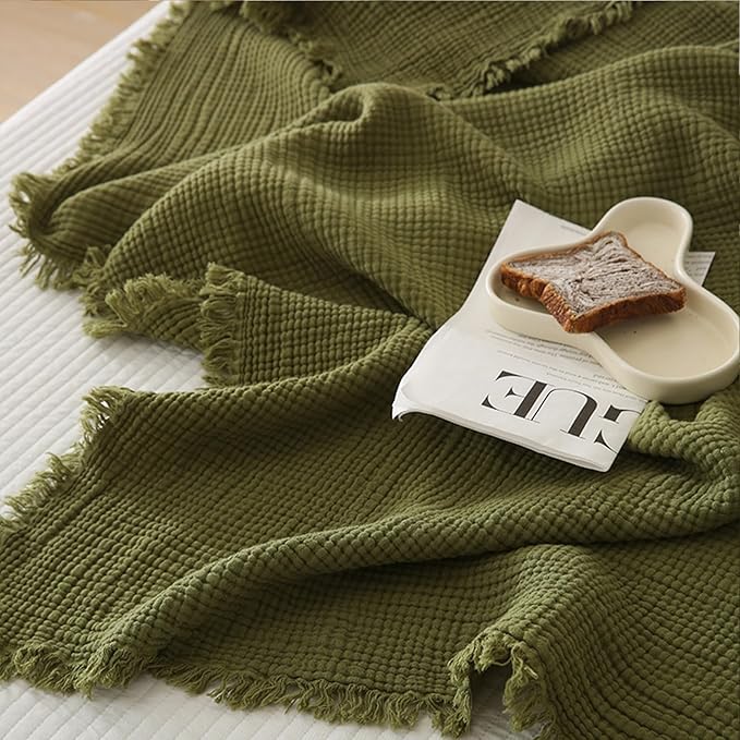 MorroMorn 100% Cotton Muslin Throw Blanket with Fringes 50"x60", 4-Layer Cotton Gauze Blankets for Adults, Boho Bedding Breathable Lightweight Ultra-Soft for Couch Bed Sofa All Seasons, Olive Green