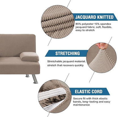 H.VERSAILTEX 4 Pieces Stretch Futon Covers Sofa Bed Slipcover with Removable Armrests and Cupholders Covers Furniture Protector High Spandex Small Checks Jacquard Fabric, Sand