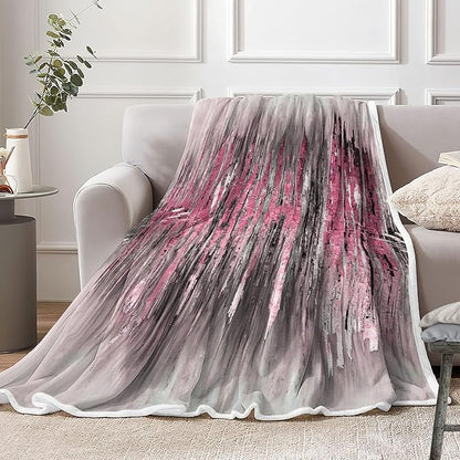 Abstract Throw Blankets, Modern Pink Gold crackNon Cozy Warm Bed Couch Blanket, Stripe Contemporary Abstract Painting White Fleece Flannel Throws to Decorate The Room and Bedroom