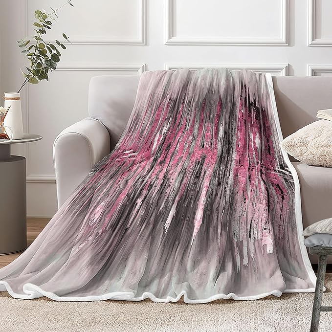 Abstract Throw Blankets, Modern Pink Gold crackNon Cozy Warm Bed Couch Blanket, Stripe Contemporary Abstract Painting White Fleece Flannel Throws to Decorate The Room and Bedroom