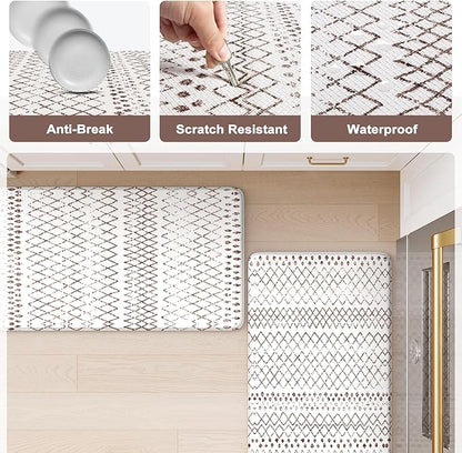 KIMODE Kitchen Mats 2PCS,Cushioned Anti Fatigue Boho Kitchen Rugs and Mats,Non Slip Waterproof Kitchen Mats for Floor,Comfort Foam Standing Desk Mat for Home,Office,Sink,Laundry,Brown and White