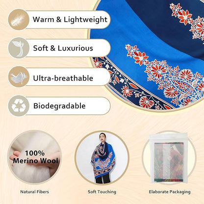 DANA XU 100% Merino Wool Pashmina Shawl for Women 96"x43", Oversized Cashmere Wrap with Tassels, Floral Travel Blanket Cape