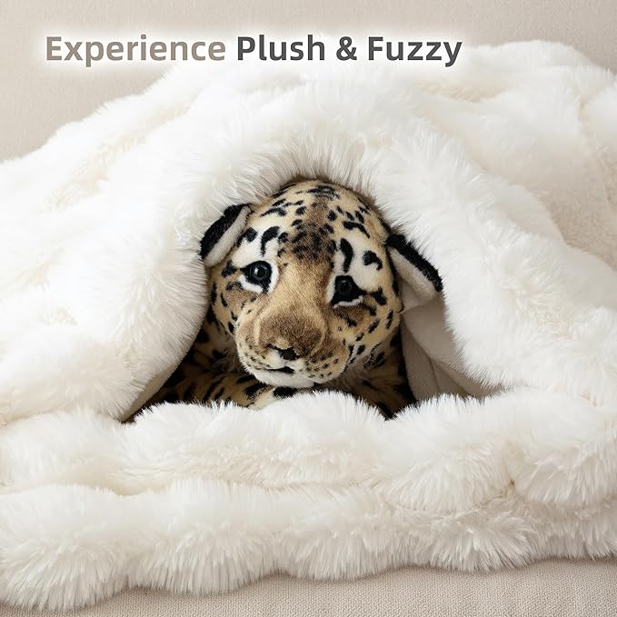 Smoofy Faux Fur Throw Blanket for Couch – Cream White Fluffy Cozy Rabbit Fleece, Plush Soft Bubble Blanket for Sofa & Bed, for Mom, Warm Fuzzy Home Room Decor Throw 50" x 60"