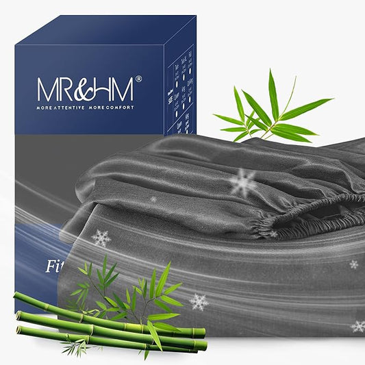 MR&HM Full Fitted Sheet Only, Ultra-Soft Rayon Derived from Bamboo & Polyester Blend, Silky & Breathable, 15" Deep Pocket with Elastic Straps, Cooling Fitted Sheet for Hot Sleepers, Grey