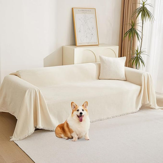 MYSKY HOME Beige Couch Covers Boho Style Chenille for 2 Cushion L-Shape Washable Couch Blanket with Tassel Pet Cushion Cover, 71" X102
