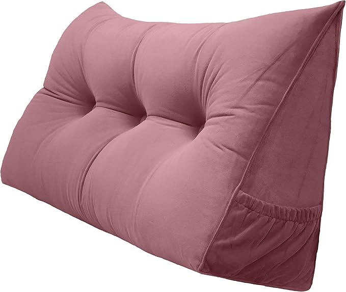Triangular Reading Bed Rest Pillow Large Bolster Cushion Headboard Backrest Wedge Pillow with Removable Cover and Two Large Side Pockets (Pink, Twin: 39 x 8 x 20 inches)